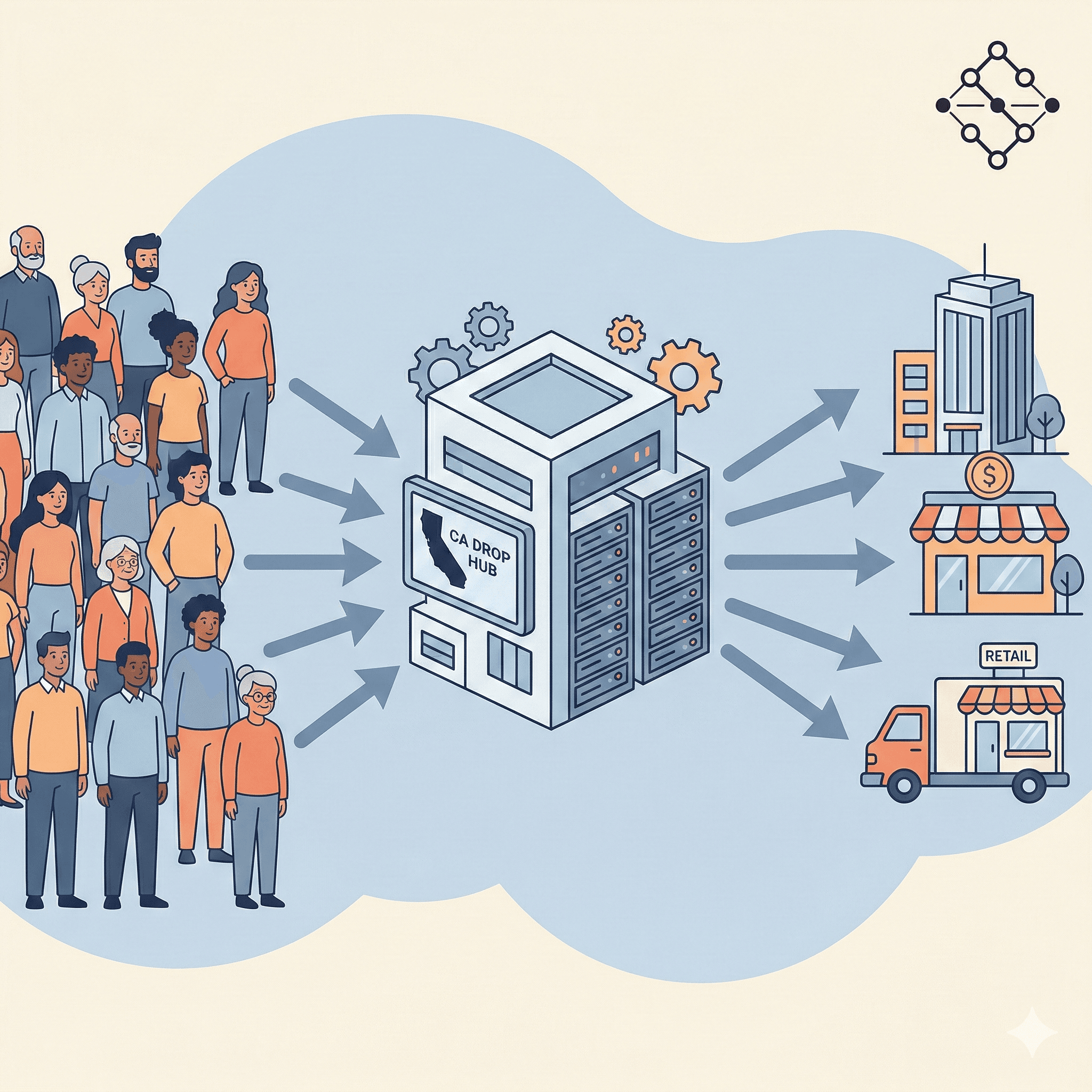 California DROP system: consumers submit requests through a central hub that routes to data brokers
