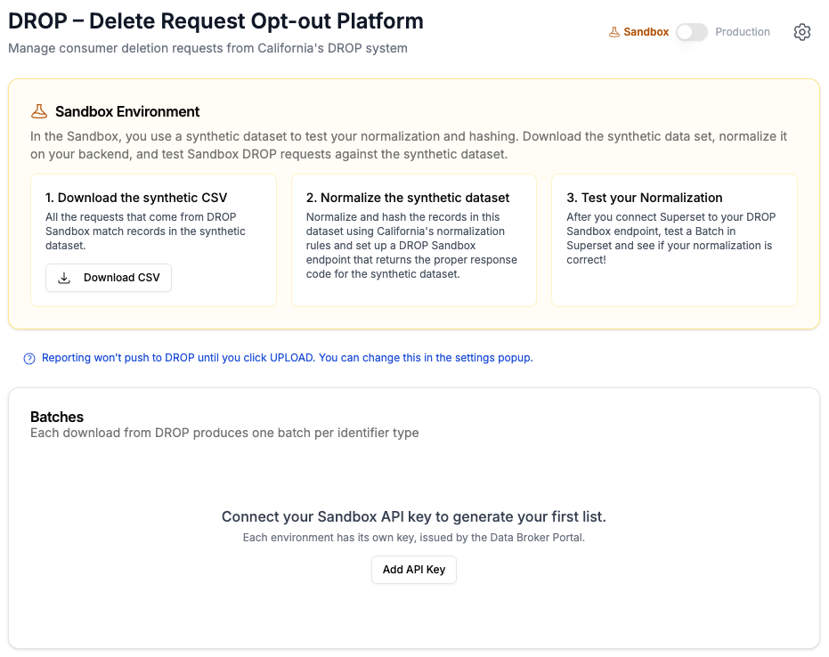 The DROP module in the Sandbox environment: the three-step Sandbox guide (download the synthetic CSV, normalize, test), the upload notice, and the Add API Key prompt noting each environment has its own key.