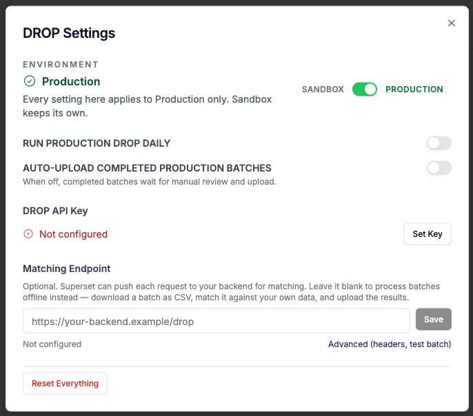 The DROP Settings popup in the Production environment: Run Production DROP Daily and Auto-Upload Completed Production Batches toggles, the DROP API Key, and the Matching Endpoint field.