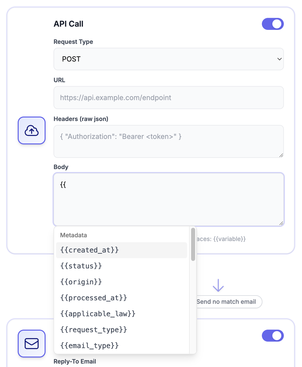 Typing two curly braces in a Body field opens a grouped menu of available variables.
