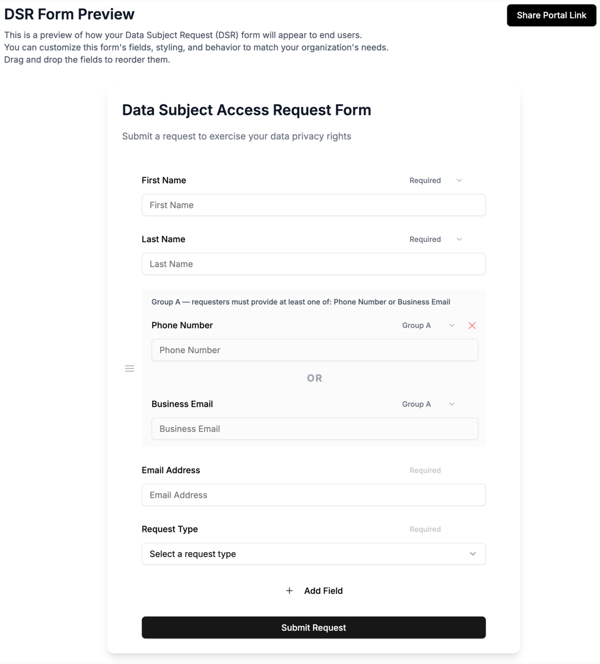 The form builder with Phone Number and Business Email in Group A, separated by an OR divider, under a banner reading requesters must provide at least one of: Phone Number or Business Email.