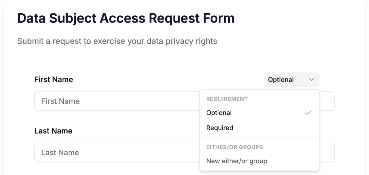 A field's requirement dropdown open, showing Optional, Required, and New either/or group.
