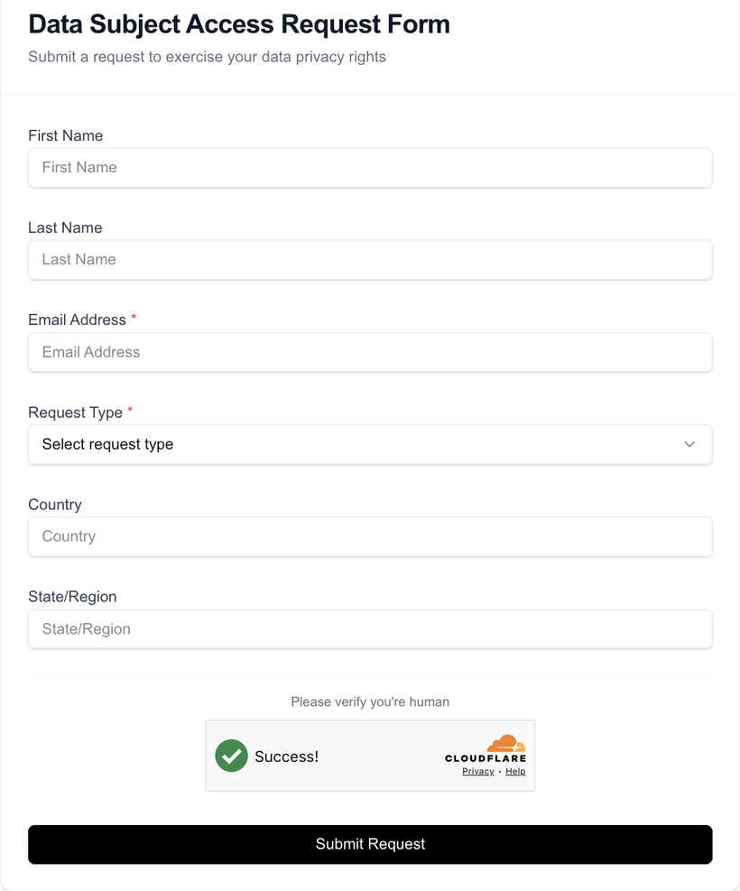 The public DSR form a requester fills out, with a Cloudflare Turnstile verification check.