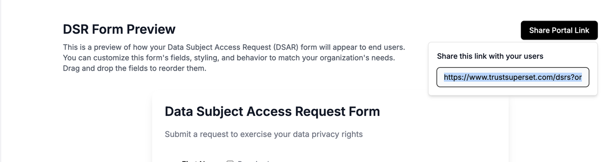 The Share Portal Link popover showing the public URL to share with users.
