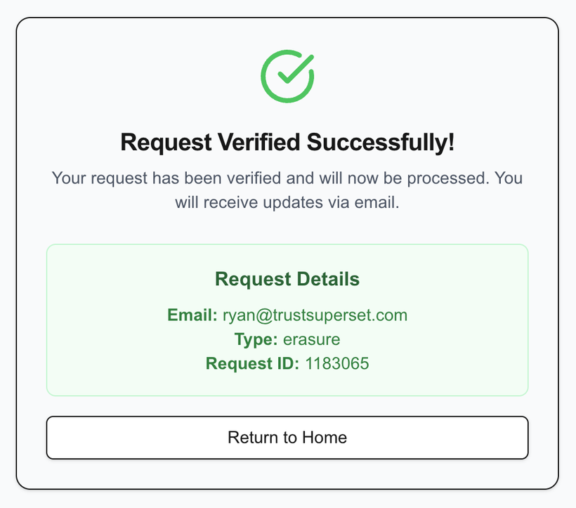 After clicking the verification link, the requester sees a Request Verified Successfully screen with the request details.