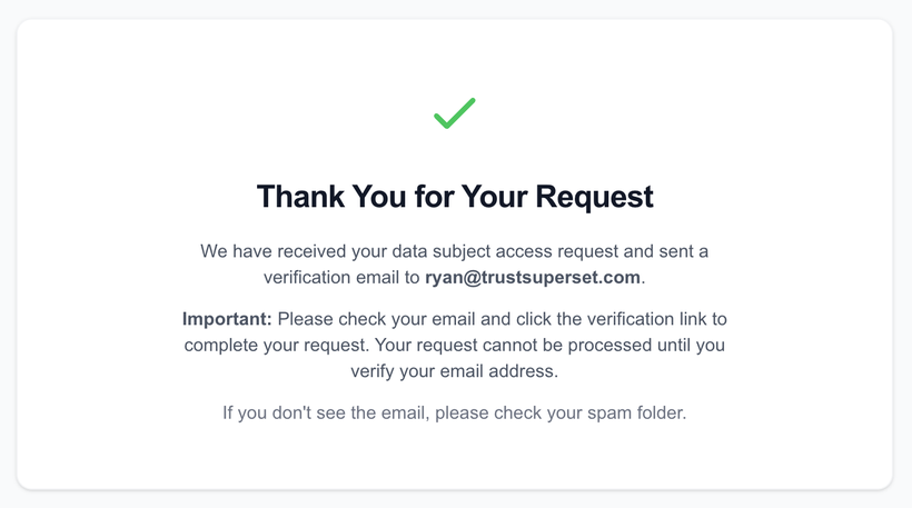 After submitting, the requester sees a Thank You screen saying a verification email has been sent.