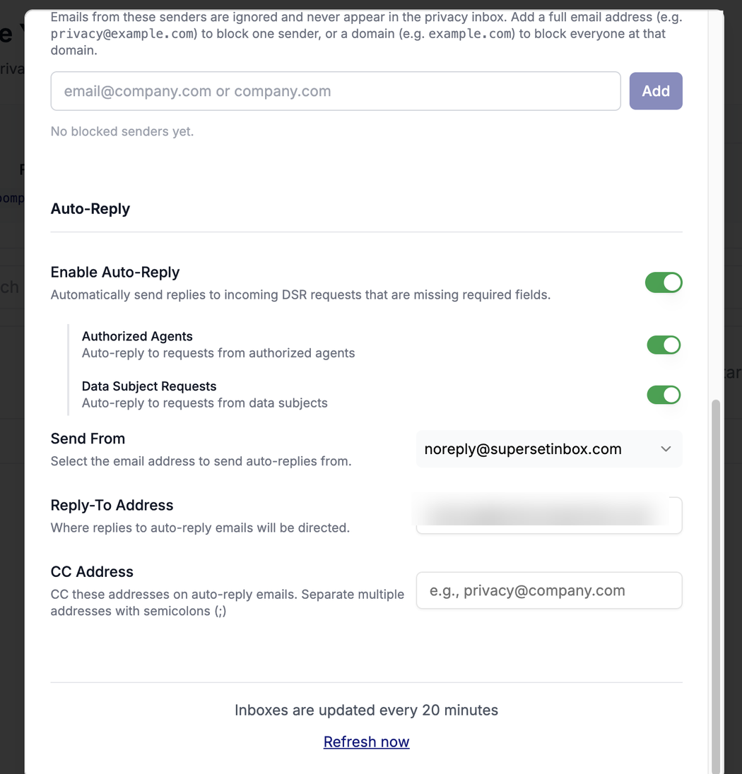 The Configure Inbox Settings modal showing Auto-Reply enabled, with Authorized Agents and Data Subject Requests sub-toggles, plus Send From and Reply-To.