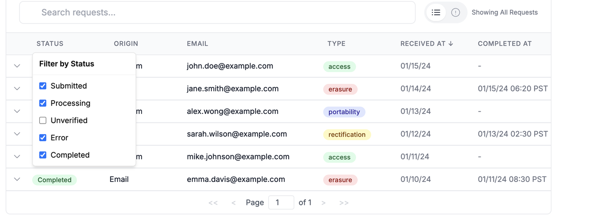 The DSR Manager queue with the Status header clicked, showing a Filter by Status menu with Submitted, Processing, Unverified, Error, and Completed checkboxes.